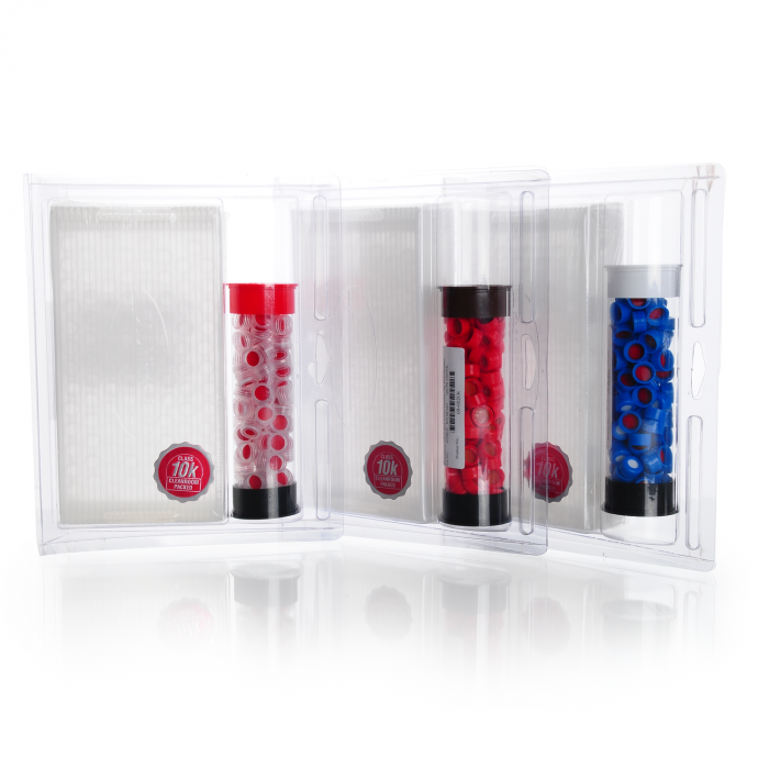 WHEATON®µL MicroLiter®组件套件，12 x 32mm螺纹小瓶和带隔膜的9mm盖帽，带贴片的透明小瓶，聚四氟乙烯/硅树脂隔膜，盖帽颜色：蓝色