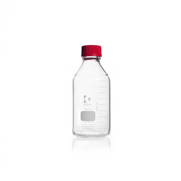 DURAN® 原装 GL 45 实验室瓶，透明，带耐高温螺旋盖（PBT，红色）和倾倒环（ETFE，红色），1000ml