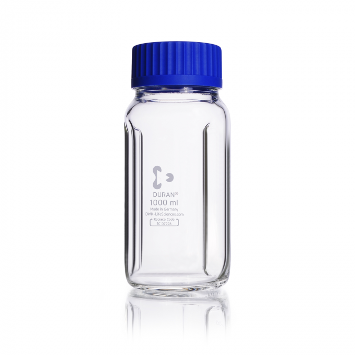 DURAN® GLS 80® 带挡板的实验室瓶, 广口, 透明, 含螺旋盖和倾倒环, PP, 蓝色, 1000ml