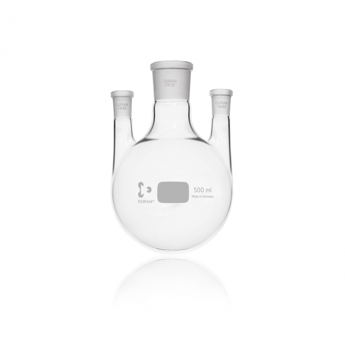 DURAN® 三口圆底烧瓶，中心颈 NS 29/32，平行侧颈 NS 14/23，500  mL