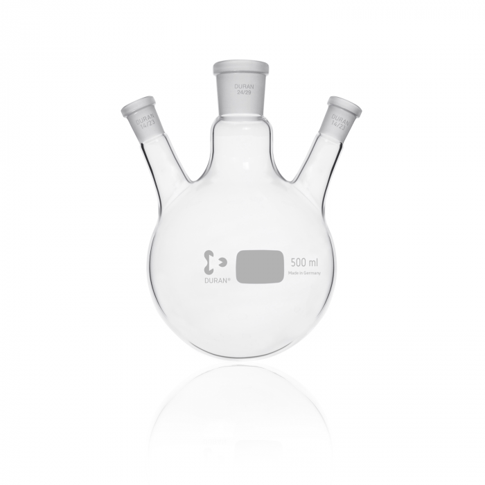 DURAN® 三口圆底烧瓶, 中心颈 NS 24/29, 侧颈 NS 14/23, 500 mL