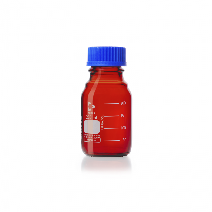 DURAN® 原装，棕色实验室瓶，带螺旋盖和倾倒环，PP，蓝色，250ml