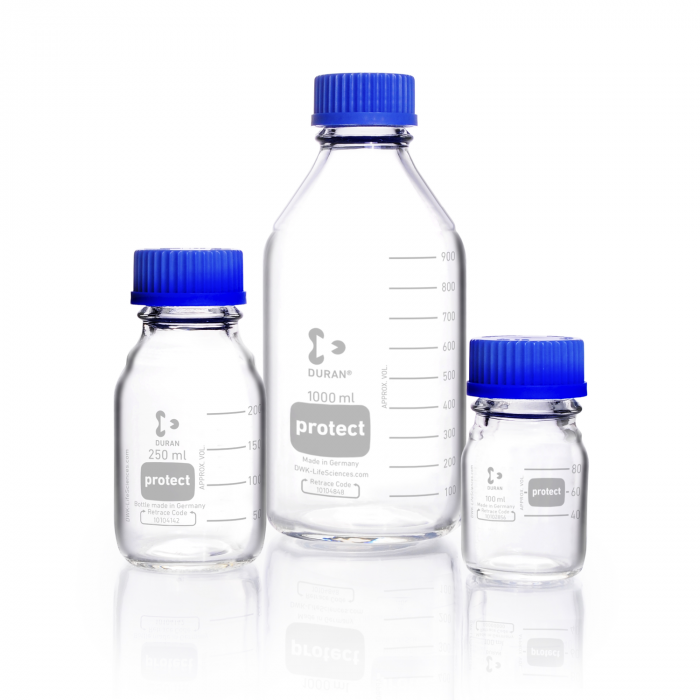 DURAN® protect GL 45 实验室瓶，透明，塑料安全涂层，带螺旋盖和倾倒环，PP，蓝色，500 mL