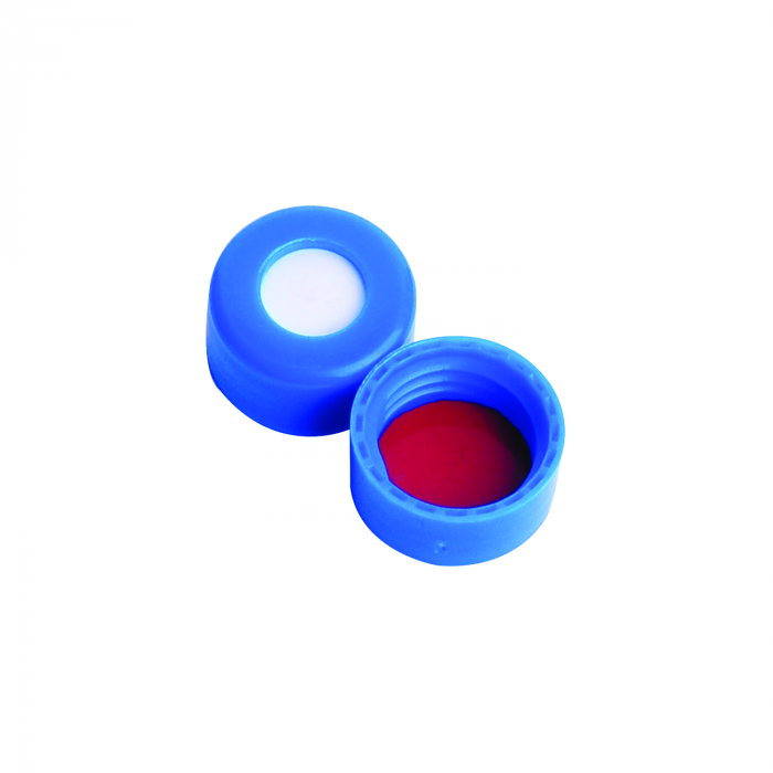 WHEATON® 9 mm ABC螺丝帽，带红色PTFE/白色硅胶内衬，蓝色PP