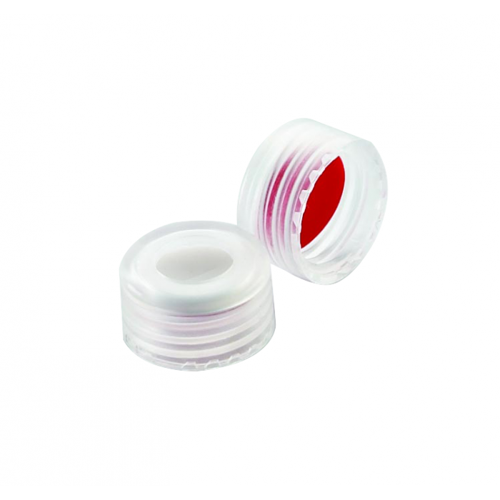 WHEATON® 9 mm ABC 螺旋盖，带白色 PTFE / 白色硅胶 / 红色硅胶衬里，天然 PP