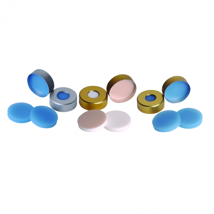 WHEATON® µL MicroLiter® 20 mm 压接密封件（带隔膜），钢制压接密封围裙，棕褐色聚四氟乙烯/白色硅树脂，0.130英寸，标准围裙
